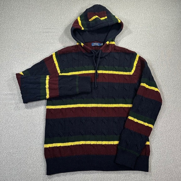 Polo Ralph Lauren St Andrews Rugby Cable Knit Hoodie Mens M Striped Sweater EUC